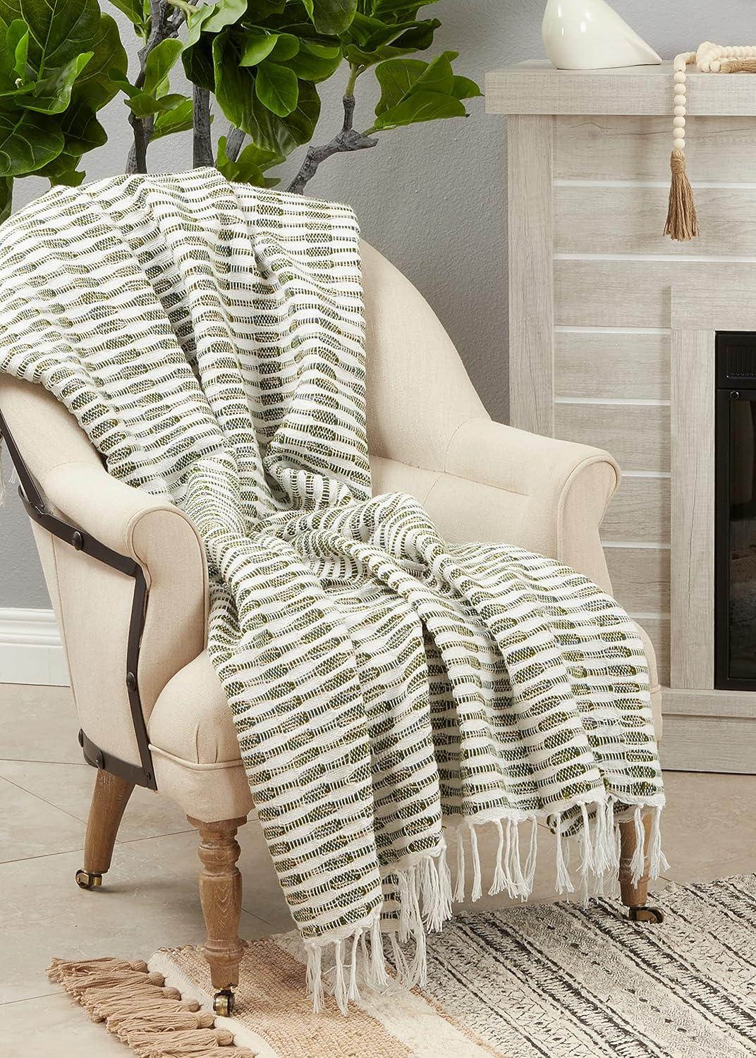 Green and White Woven Cotton Acrylic Throw Blanket