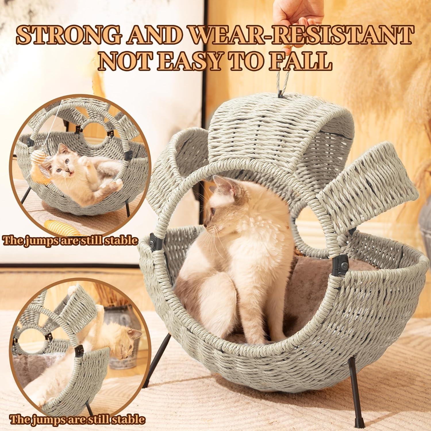 Rattan cat house with cushion,20.5",White Gray