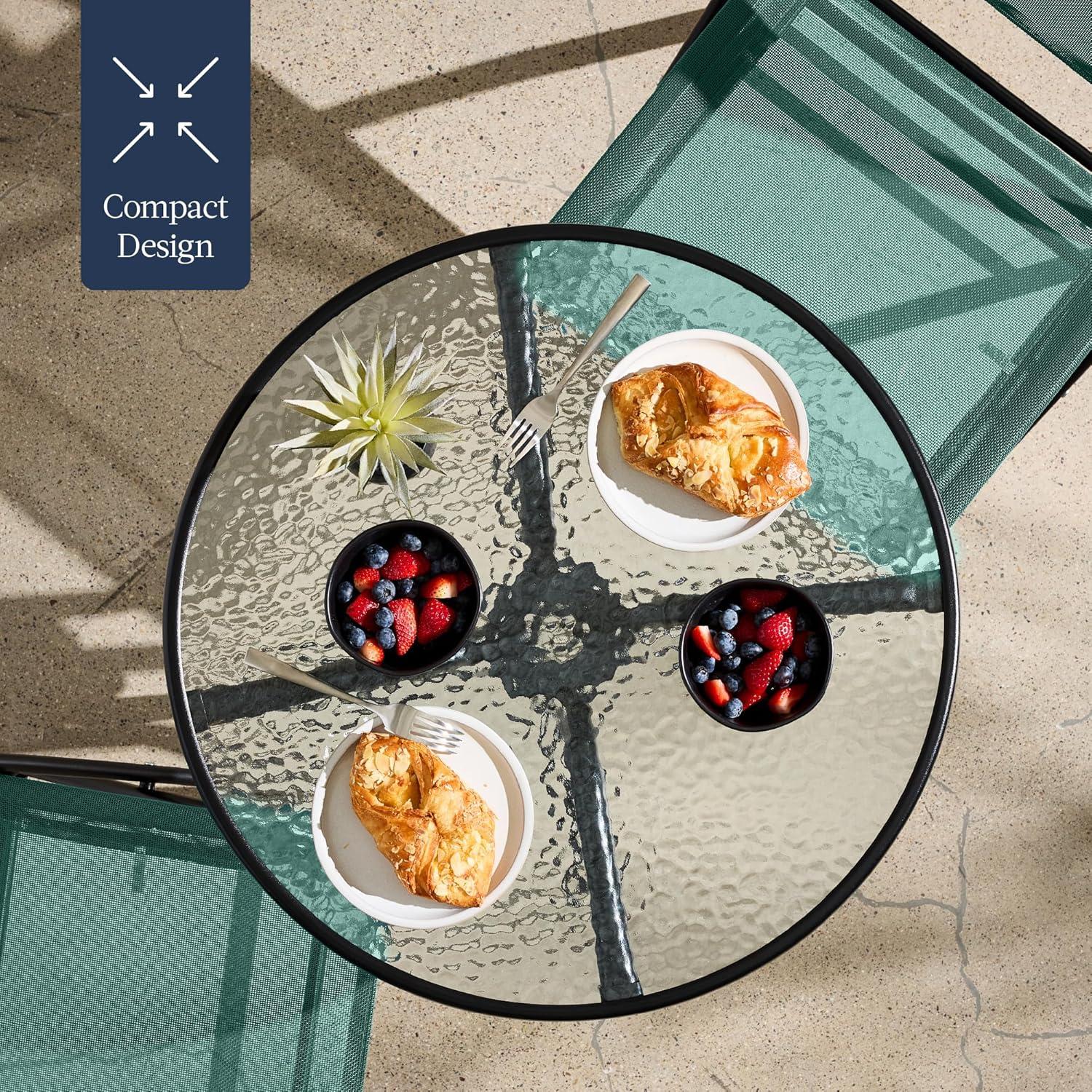 Best Choice Products 3-Piece Patio Bistro Dining Furniture Set w/ Glass Tabletop, Folding Chairs - Dark Green