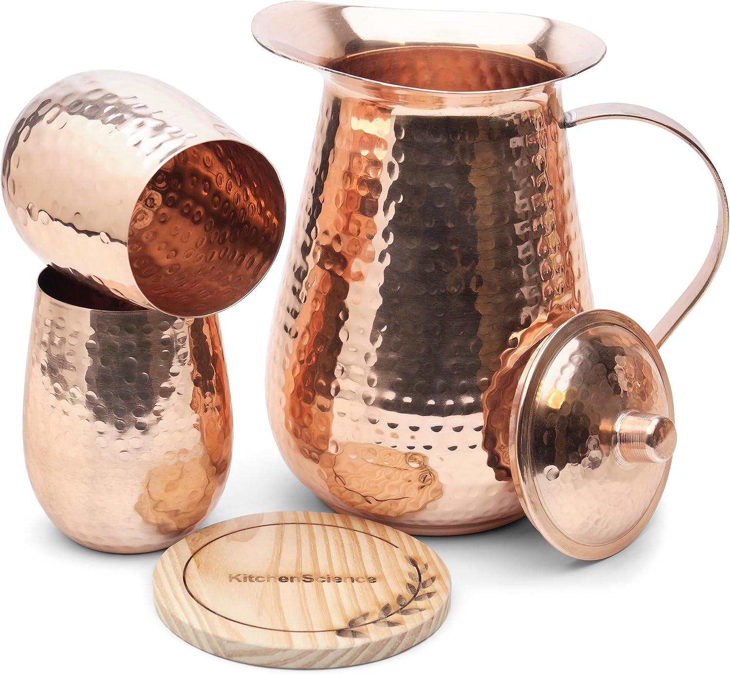 Handcrafted Pure Copper Pitcher with Lid and Tumblers Set