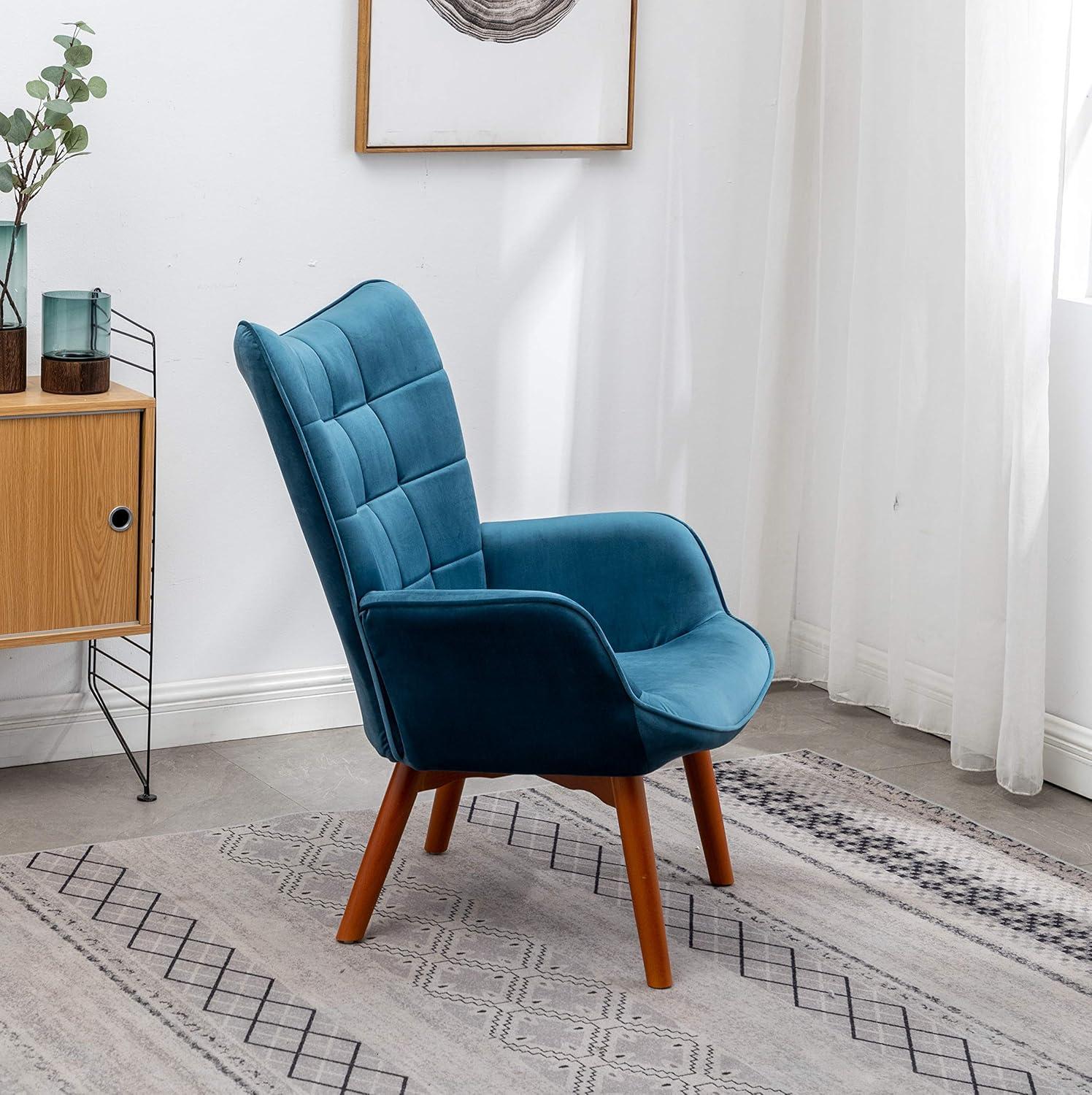 Carson Carrington  Aasen Silky Velvet Tufted Accent Chair with Ottoman Round Arms Arm Chairs Blue Rubberwood, Fabric