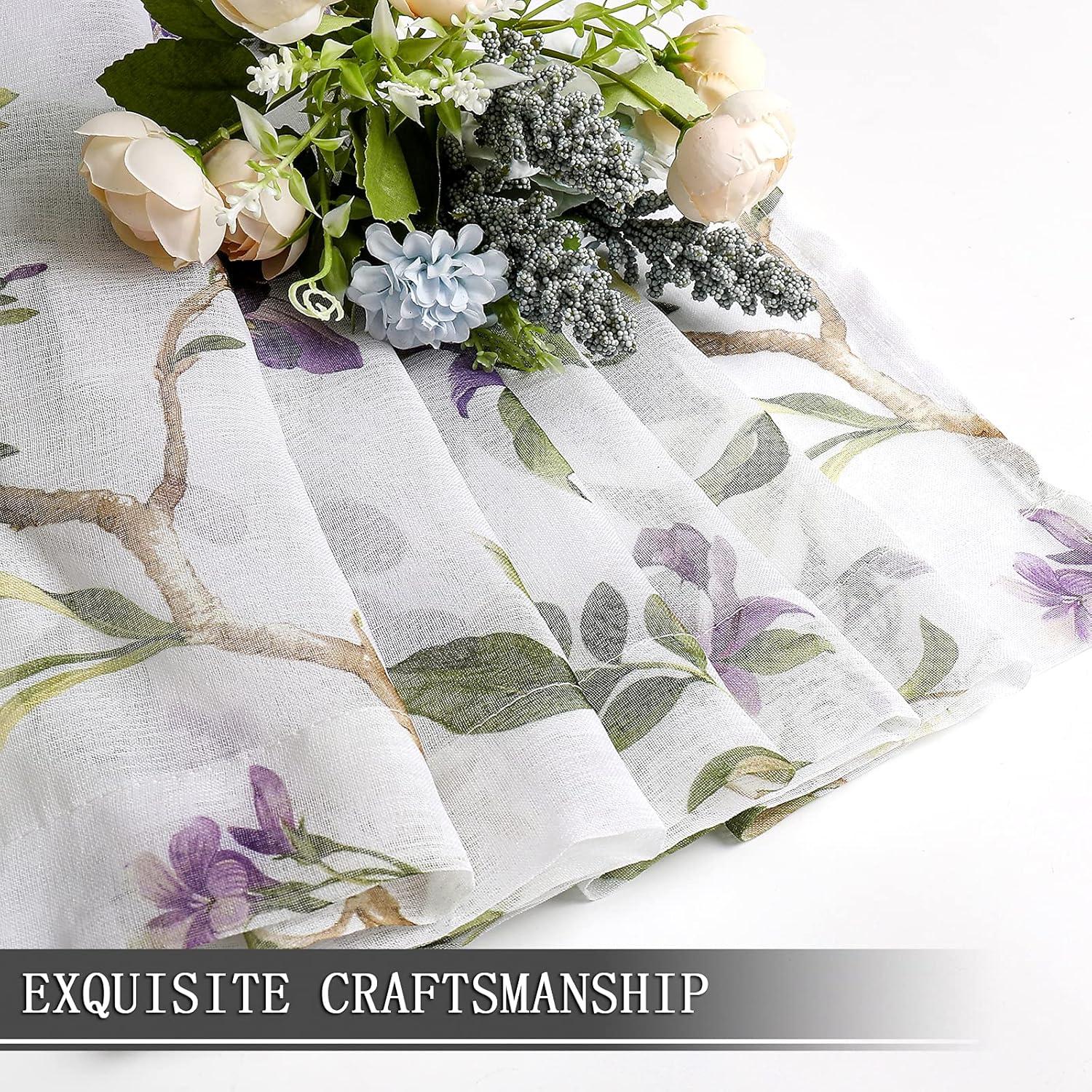Tollpiz Floral Sheer Curtains Purple Cherry Flower Butterfly Print Living Room Curtain Rod Pocket Voile Linen Look White Sheer Curtains for Bedroom, 54 x 63 inches Long, Set of 2 Panels
