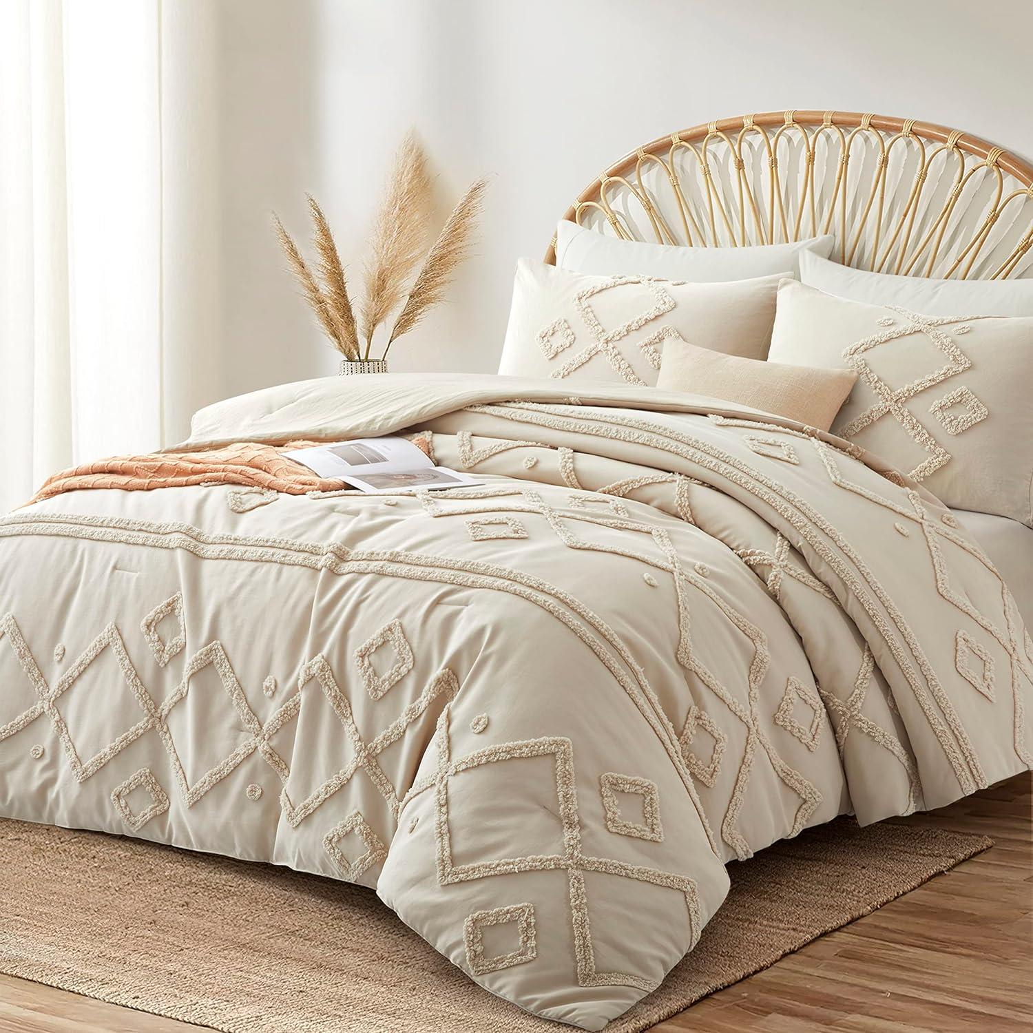 Cream Tufted Jacquard Queen Comforter Set with Pillowcases