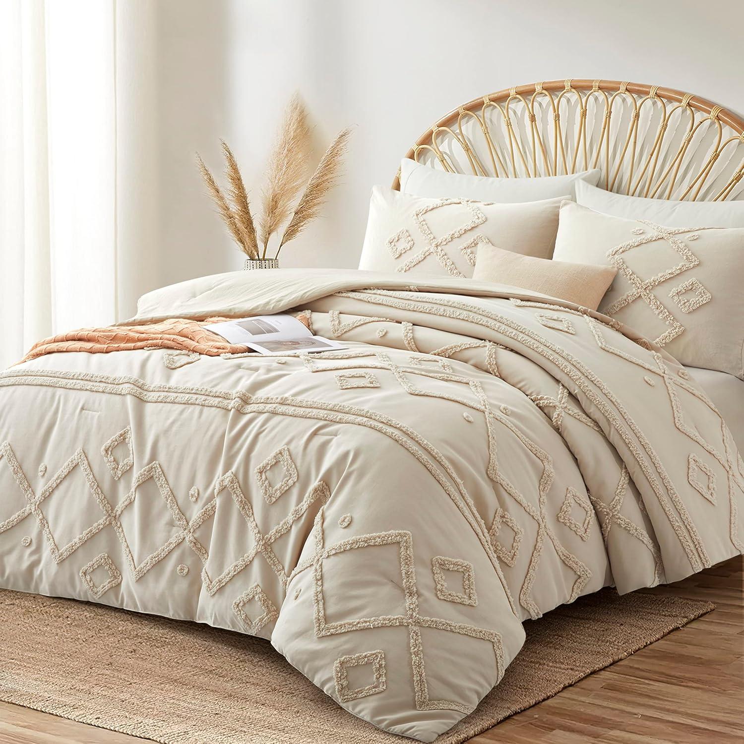 Oli Anderson Cream King Comforter Set Tufted Bedding Set King 3 Pieces, Boho Shabby Chic Comforter with 2 Pillowcases (Cream,King)