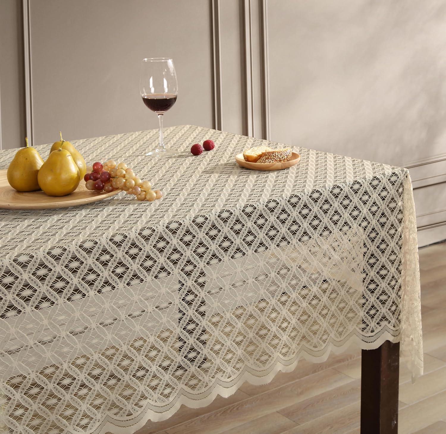 HLC.ME Alona Lace Fabric Table Cloth for Round Tables, Wrinkle Resistant, Patterned Scalloped Tablecloth - Linen, 70 Round