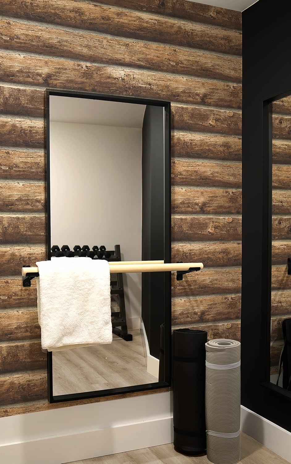 Rustic Brown Faux Log Cabin Peel and Stick Wallpaper