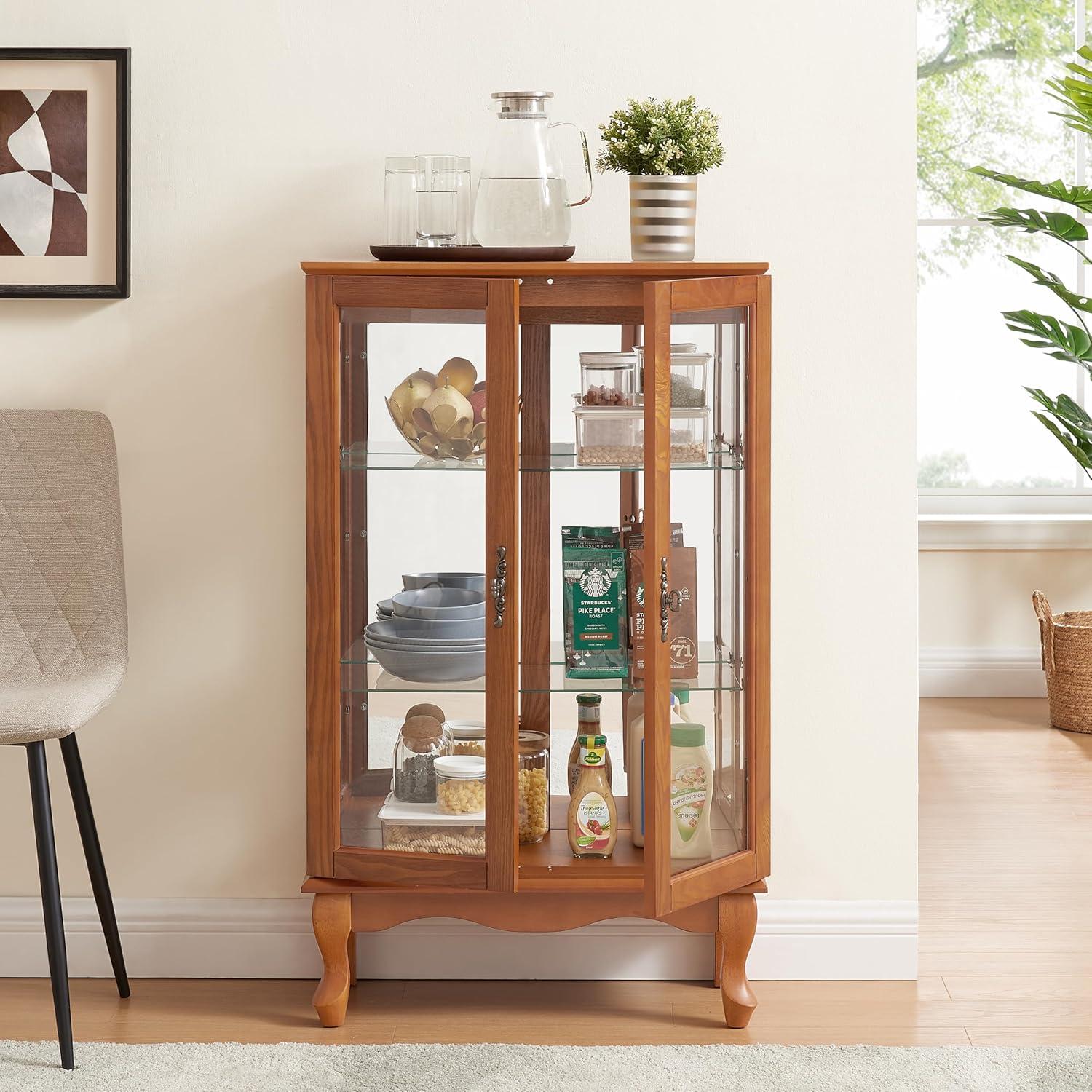 Oak Curio Cabinet with Glass Doors and Adjustable Shelves