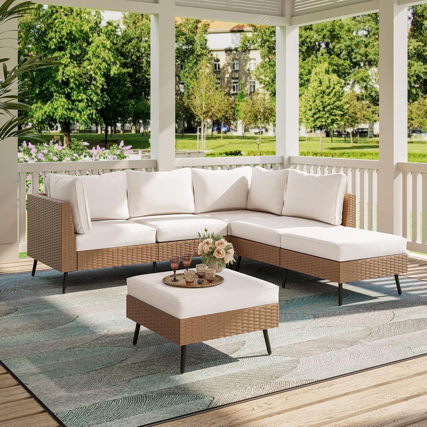 Beige 6-Piece Steel Frame Patio Furniture Set with Cushions