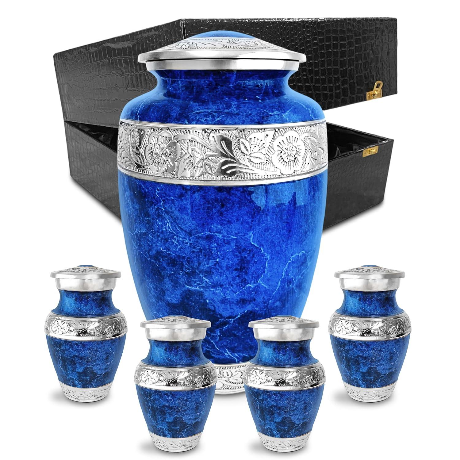 Blue Marble and Silver Decorative Cremation Urn Set
