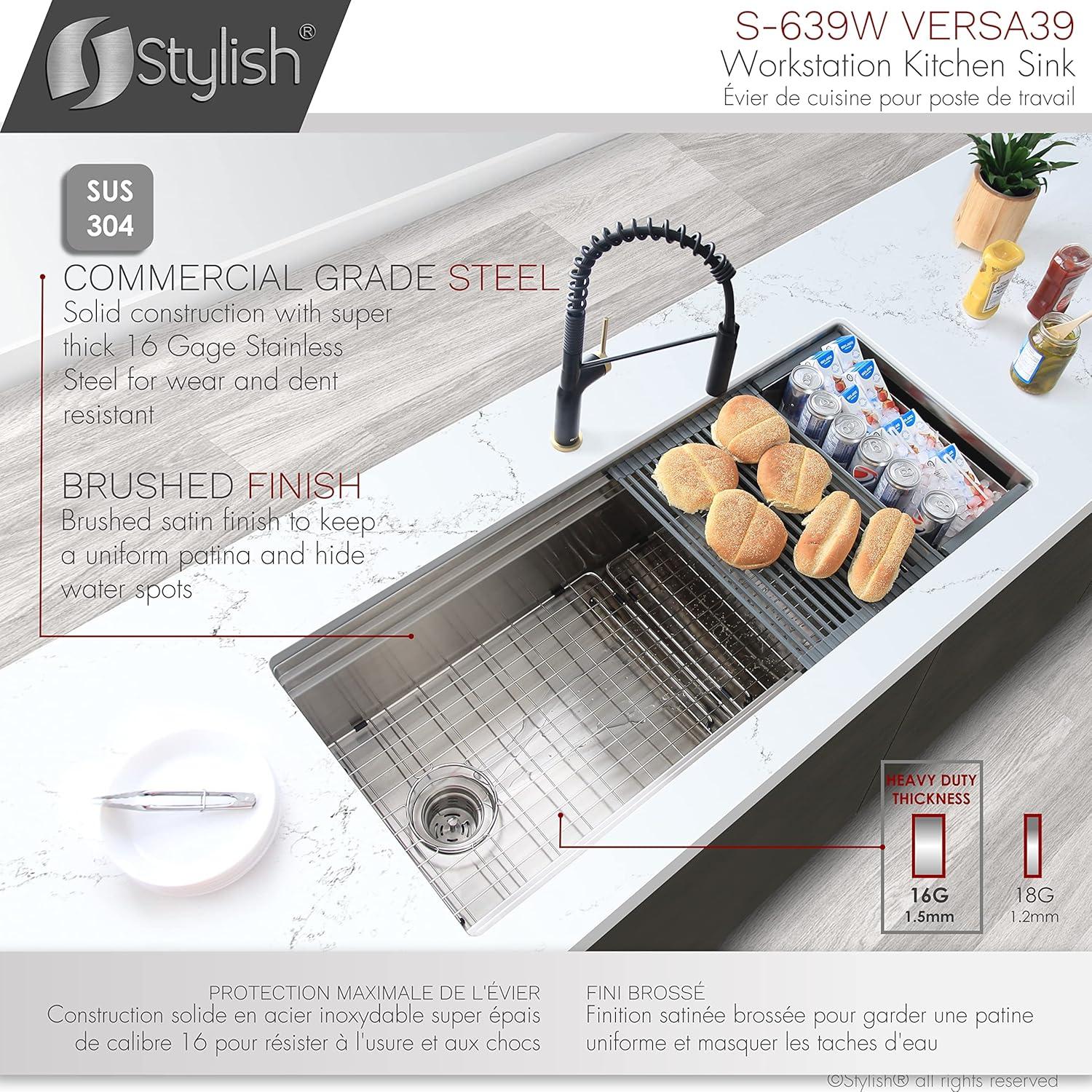 Versa STYLISH 39 inch Stainless Steel Workstation Single Bowl Undermount Kitchen Sink with Accessories included