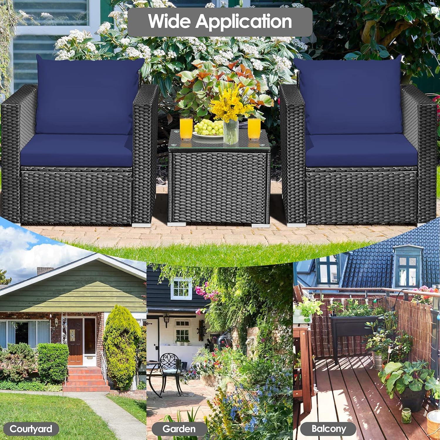 DORTALA 3 Pieces Patio Furniture Set, Outdoor Rattan Sofa Set with Cushions, Tempered Glass Tabletop, Wicker Conversation Furniture Set for Backyard, Garden, Poolside, Balcony, Navy