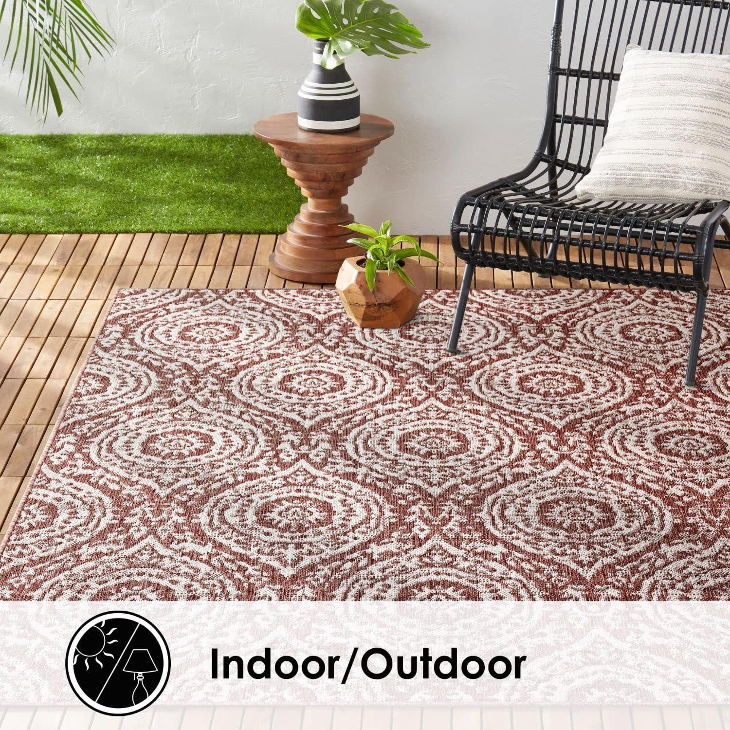 Terracotta & Ivory Moroccan Damask 8' x 10' Synthetic Outdoor Rug