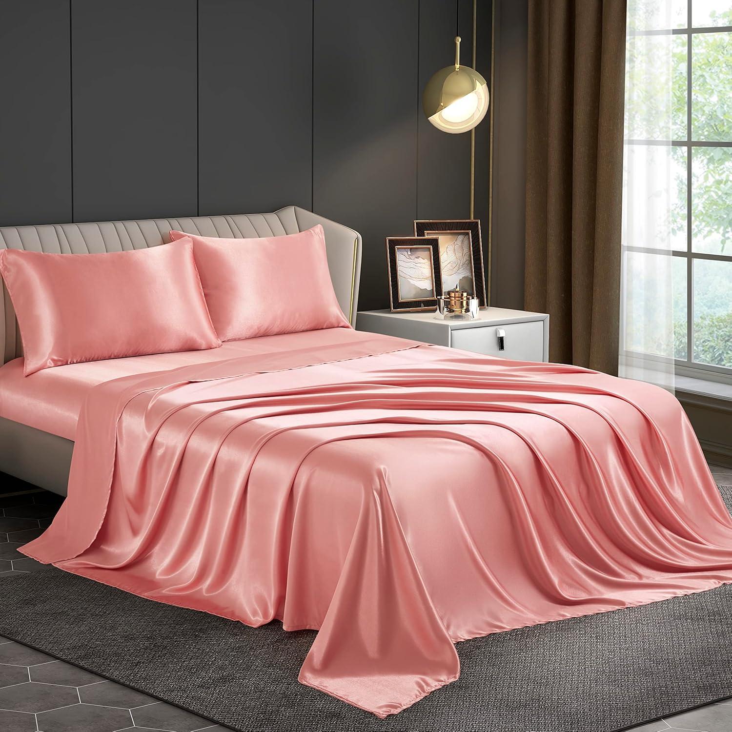 Blush Pink Queen Satin Deep Pocket Bed Sheet Set