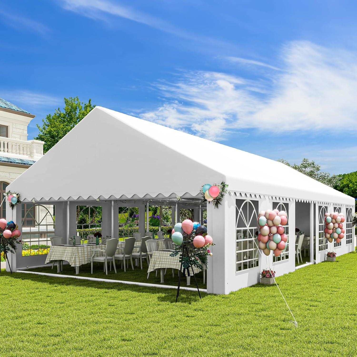 Dextrus 16x32FT Party Tent Heavy Duty PVC Wedding Event Shelters White Upgraded Galvanized Ripple Canopy with Large Roof Removable Sidewalls & 3 Storage Bags 600D Oxford Commercial