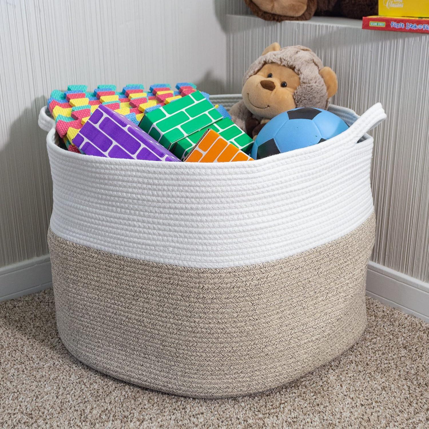 Home-Complete XL Woven Rope Basket Natural: Coiled Cotton Storage for Blankets, Large Circular Decorative Basket, 21.7"