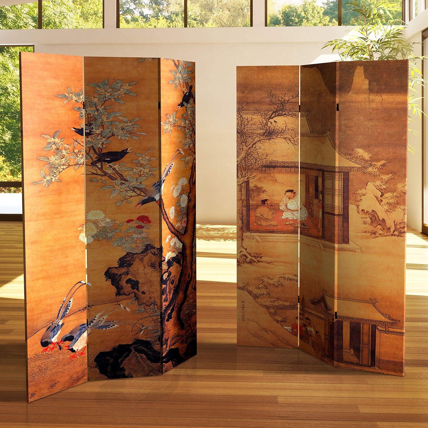 6' Tall Double Sided Chinese Landscapes Canvas Room Divider - Oriental Furniture: 3-Panel, Wood Composite