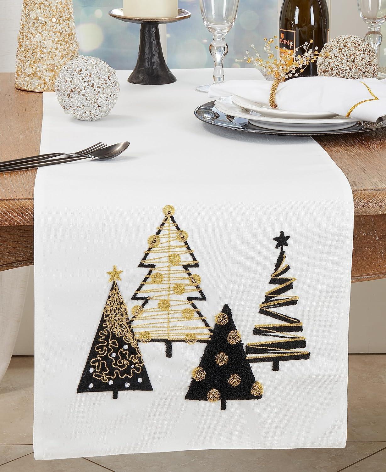 Saro Lifestyle Whimsical Christmas Trees Table Runner, 16"x70", White