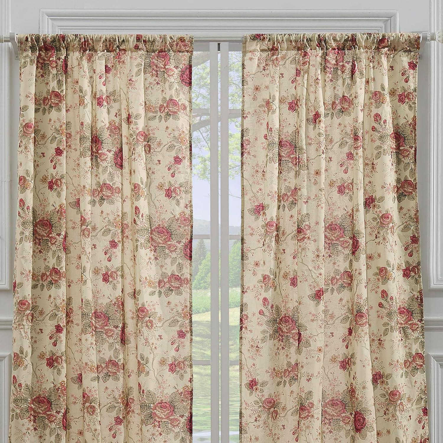 Antique Rose Nature/Floral Sheer Rod Pocket Curtain Panels (Set of 2)