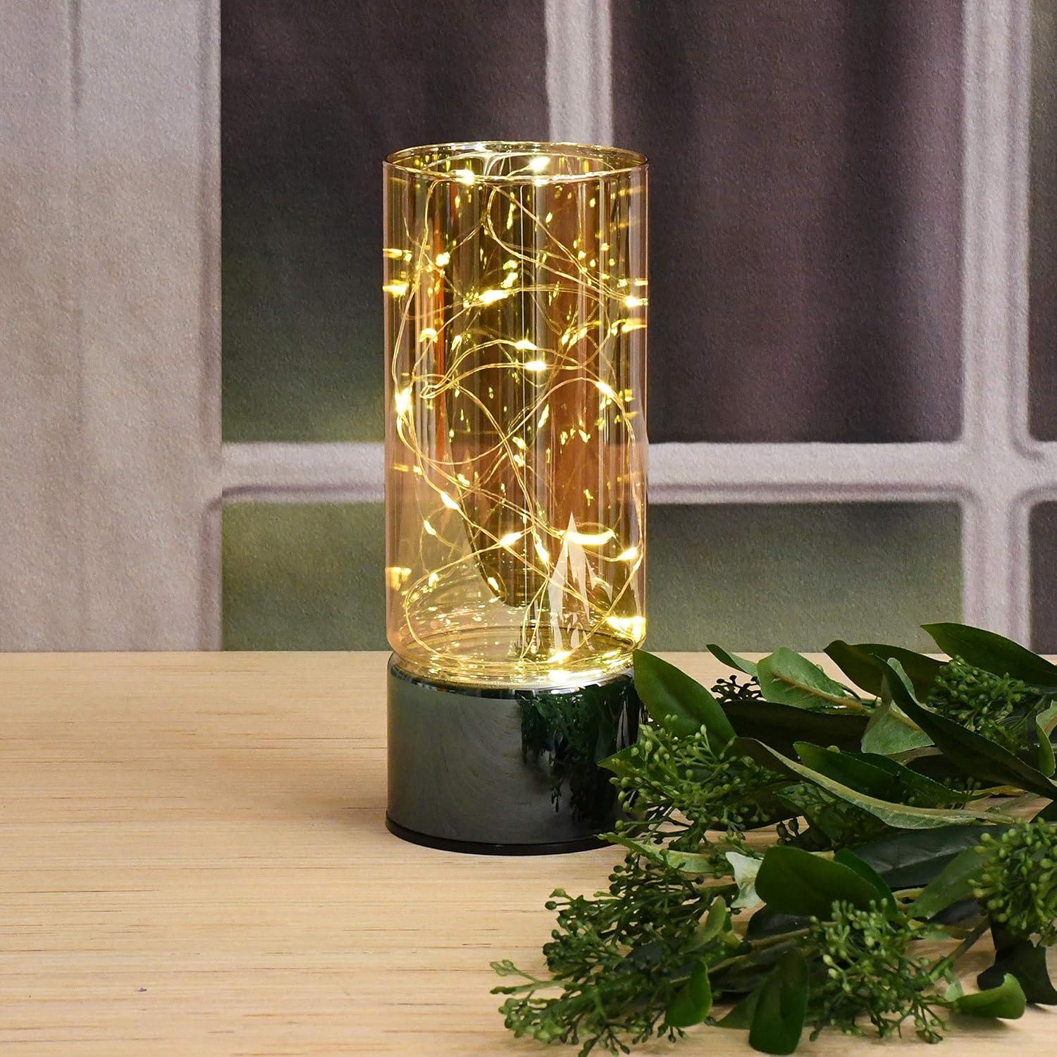 Amber Glass Hurricane Lantern with Fairy String Lights