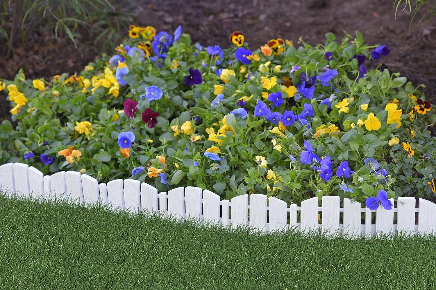 EasyFlex No-Dig Landscape Edging with Anchoring Spikes, 4.5 in. Tall Decorative Adirondack Wood-Look Fence Garden Border, 15 Foot Kit, White (3600WT-15C-6)