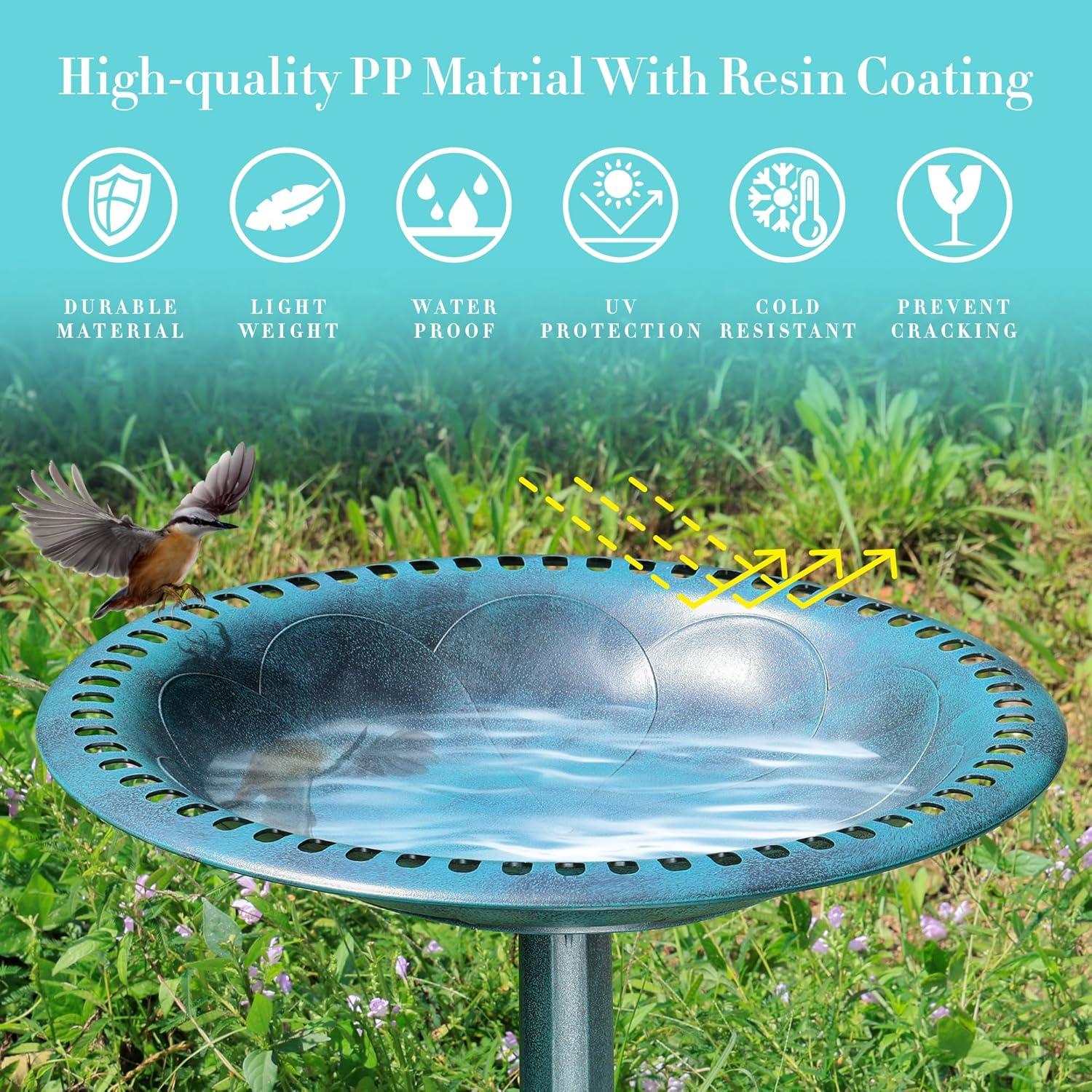 VINGLI Pedestal Bird Bath 28 Inch Antique Green Resin Birdbaths Vintage Garden Decor for Outdoor Lightweight