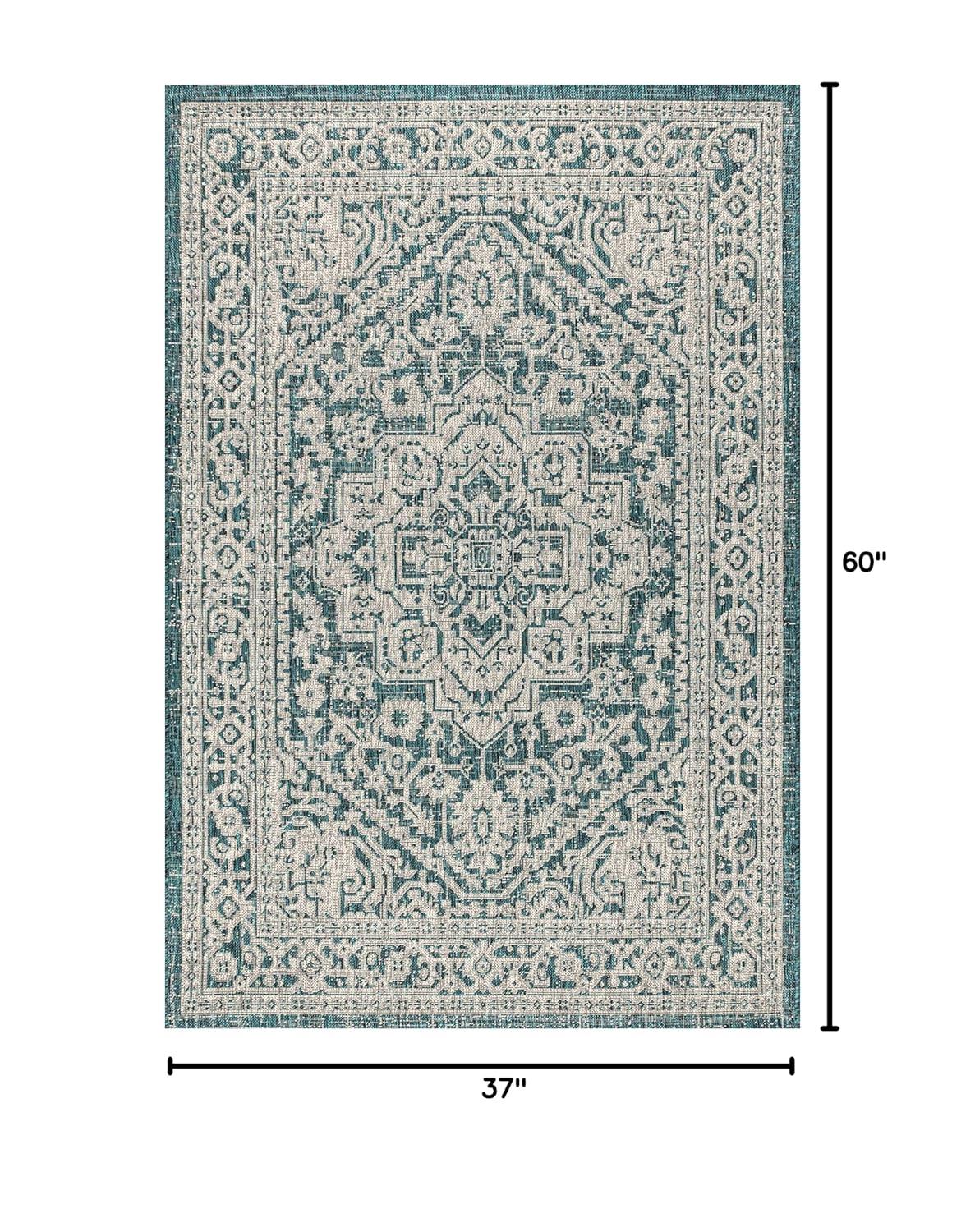 3'x5' Sinjuri Medallion Textured Weave Indoor/Outdoor Area Rug,  Teal Blue/Gray - JONATHAN Y