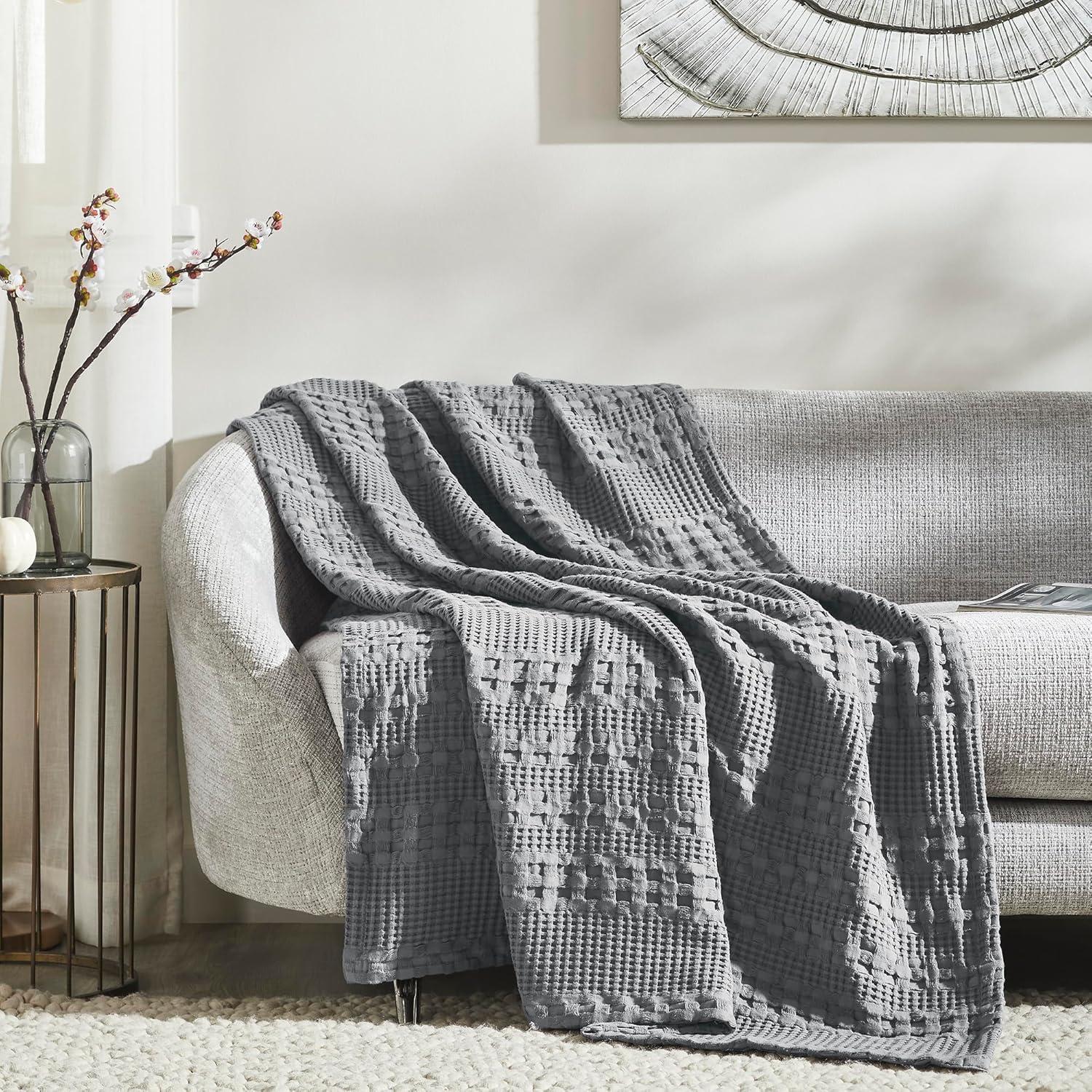 VHC Brands Waffle Weave Dark Grey Throw 50x60, Decorative Cotton Throw Blanket, Boho Farmhouse Bedroom, Living Room Decor for Bed, Couch, or Sofa