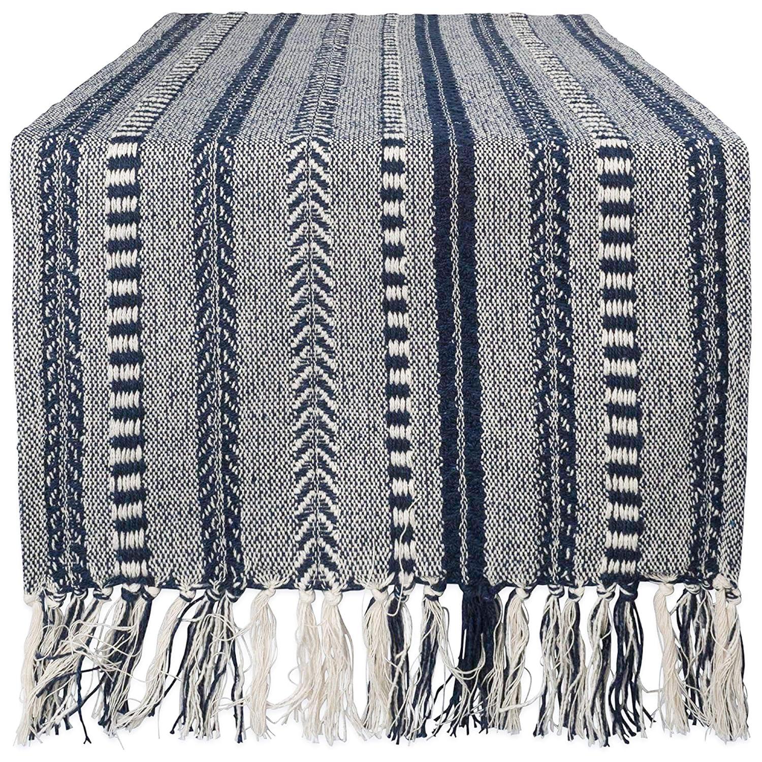 Design Imports  Braided Stripe Jacquard Fringe Table Runner, 15X108", Navy Blue