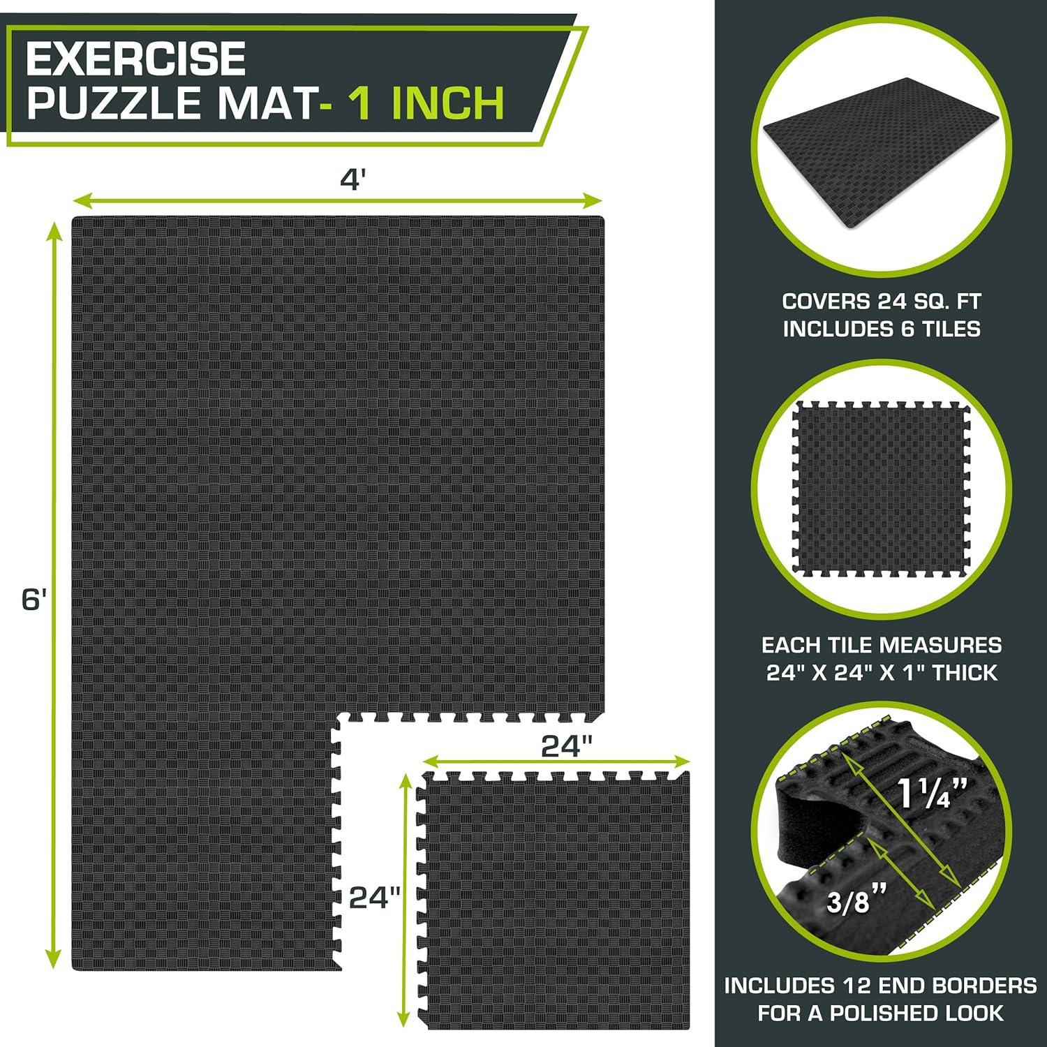ProsourceFit Checkered Puzzle Exercise Mat 1-in, Black, 24 Sq Ft - 6 Tiles