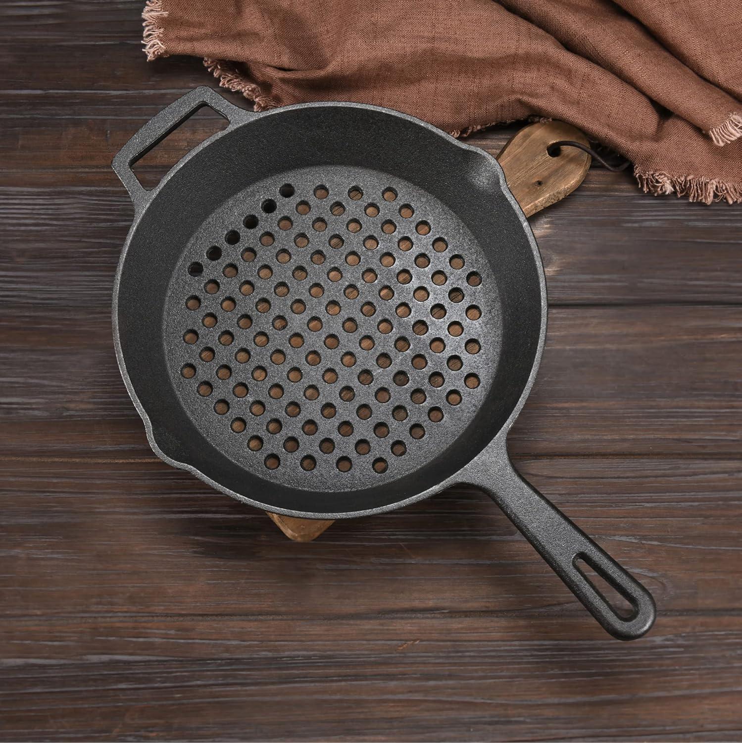 Bruntmor Enameled Cast Iron Skillet with Glass Lid | 10 Inch Deep Round Grill Pan and Frying Pan with Double Loop Handles | Black | Flat Cast Iron Skillet