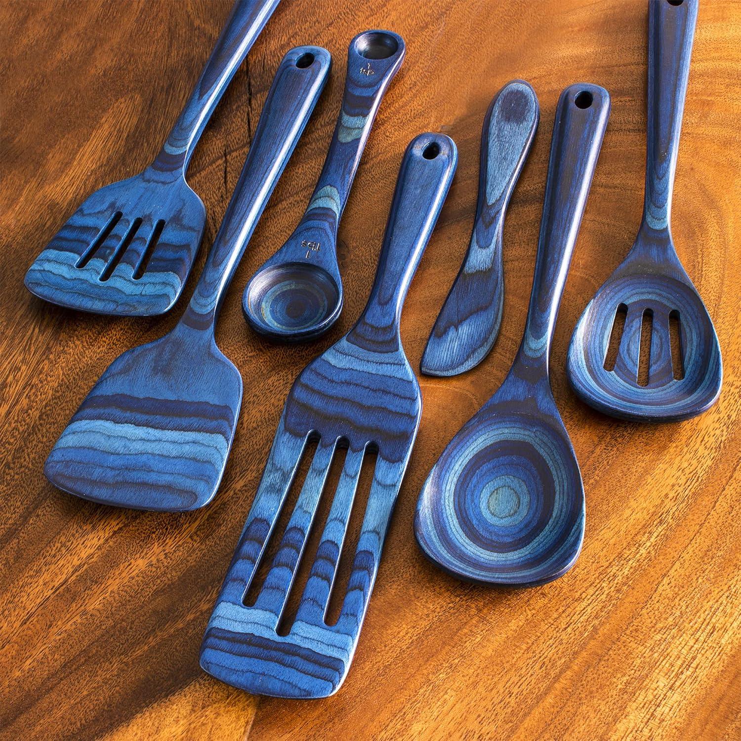 Baltique 7pc Malta Kitchen Utensil Set: Wood Cooking Tools, Hand Wash, Blue, Adult Use, Includes Measuring Spoons