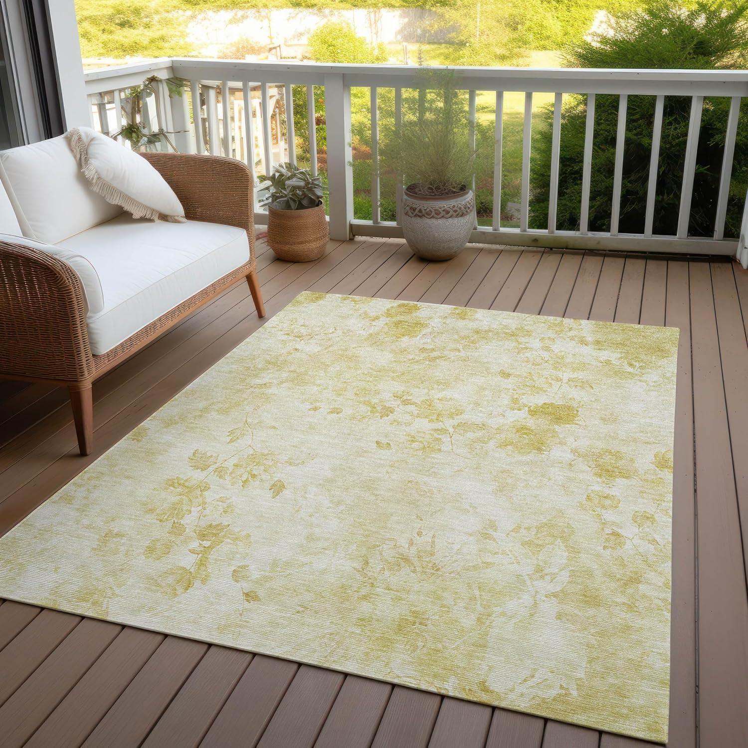 Gold Floral Synthetic Rectangular Washable Area Rug