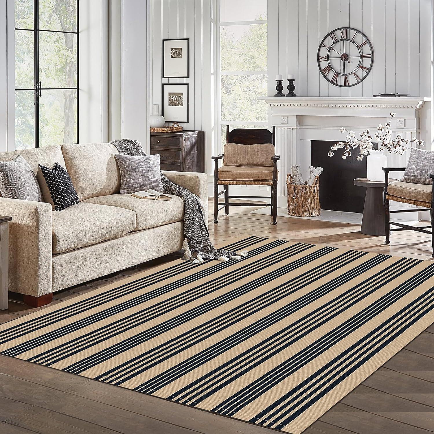 IOHOUZE Navy and White Striped Rug 2'x3' Front Door Rugs, Small Washable Area Rug for Front Porch, Spring Summer Doormats Outdoor Indoor, Cotton Rugs for Entryway Porch Entrance