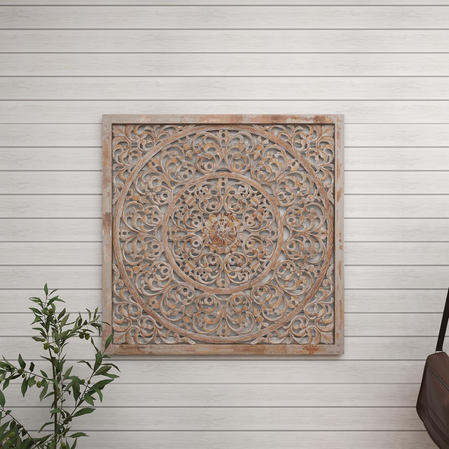 DecMode Brown Wood Handmade Intricately Carved Floral Wall Decor with Mandala Design