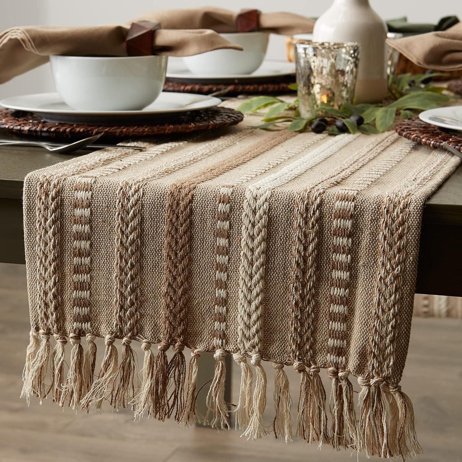 Design Imports  Braided Stripe Jacquard Fringe Table Runner, 15X72", Stone
