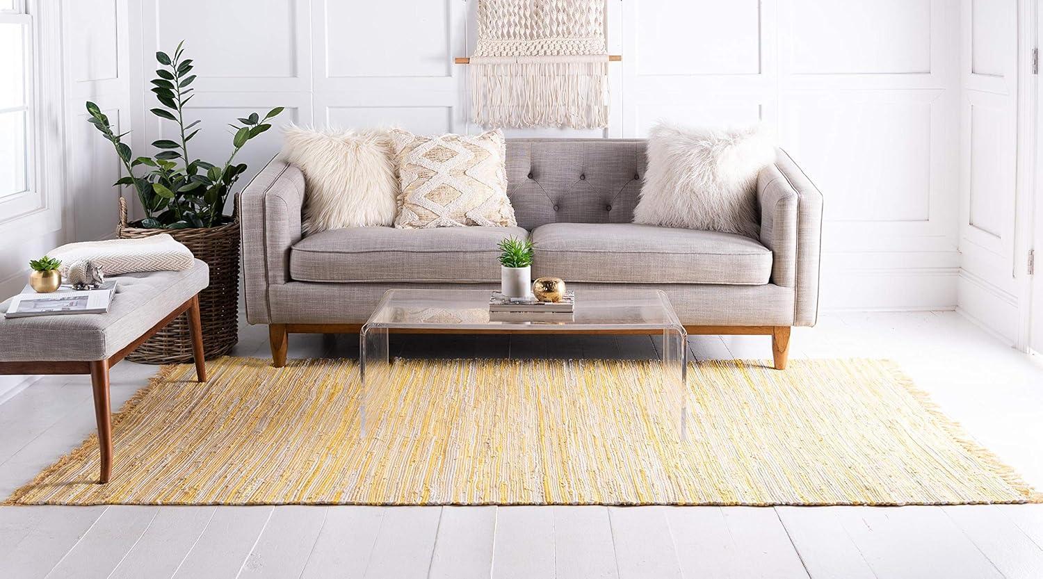 Rugs.com Chindi Cotton Collection Rug – 9' x 12' Yellow Flatweave Rug Perfect For Living Rooms, Large Dining Rooms, Open Floorplans