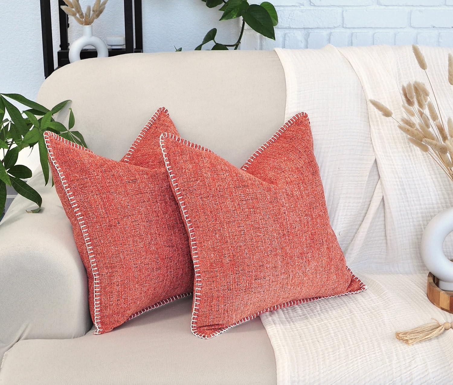 Soft Chenille Textured Pillow Covers Stitched Edge Set of 2 (18 x 18 inch, Coral Orange) / Cozy Cushion Covers / Modern Square Pillow Cases / Decorative Luxury Farmhouse Gray Pillow Covers