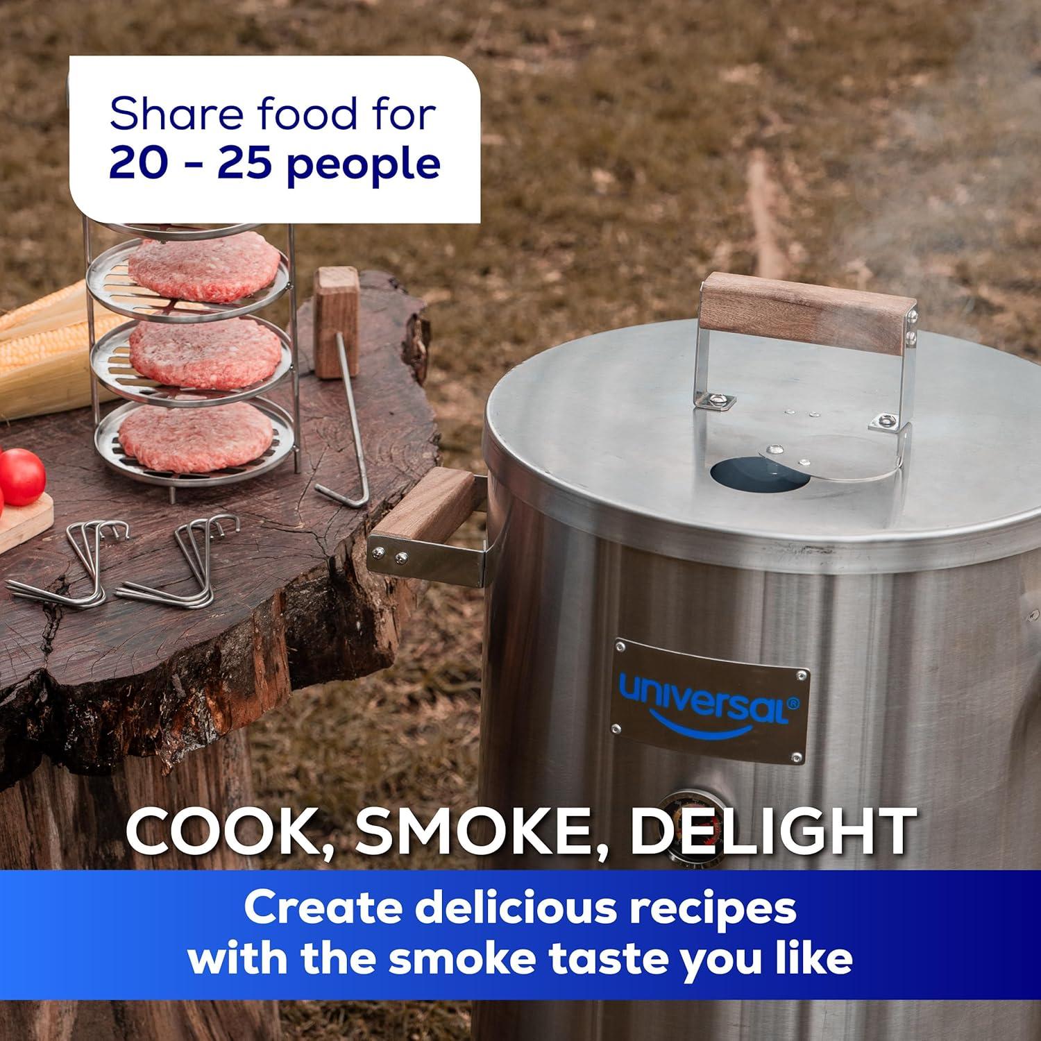 Universal Universal 20-Pound Stainless Steel (25-Servings) Charcoal Barrel Smoker With Thermometer & Airlock System - 20.5 X 29.6 X 15.5 Inch, 2 In 1 Vertical Grill And Smoker, Slow Cooking Barrel