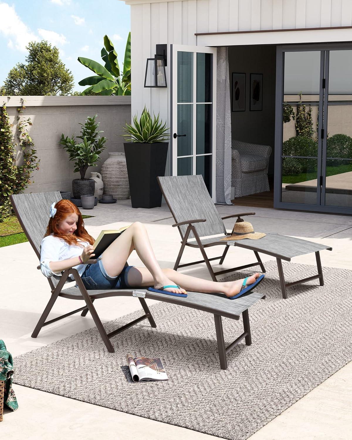 2pc Outdoor Aluminum Adjustable Chaise Lounges - Black/Gray - Crestlive Products: Foldable, Weather-Resistant, No Assembly Required