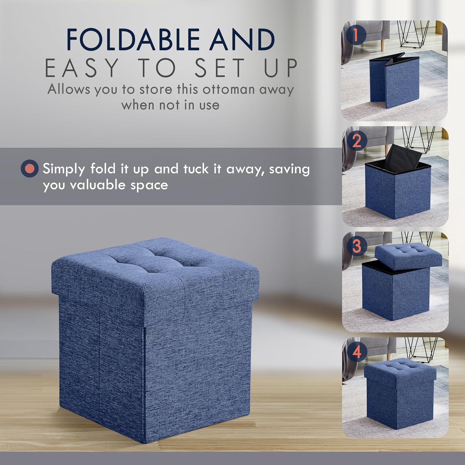 Ornavo Home Foldable Tufted Linen Storage Ottoman Cube Foot Rest Stool Seat - 15" x 15" (Navy Blue)