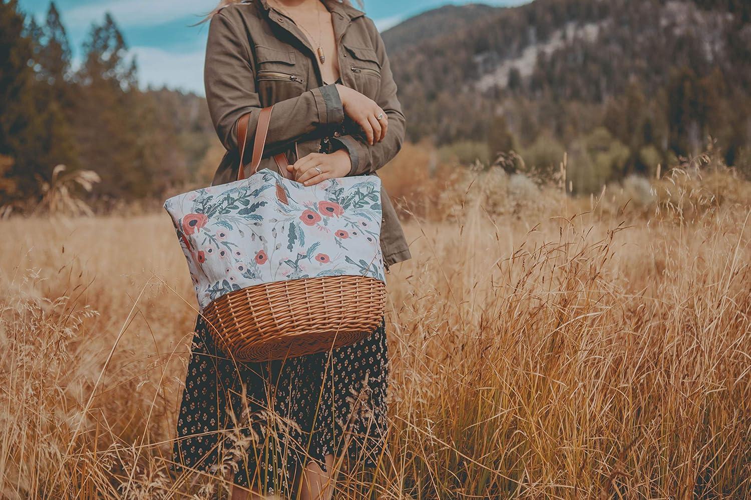 Picnic Time Coronado Canvas and Willow Basket Tote with Floral Pattern