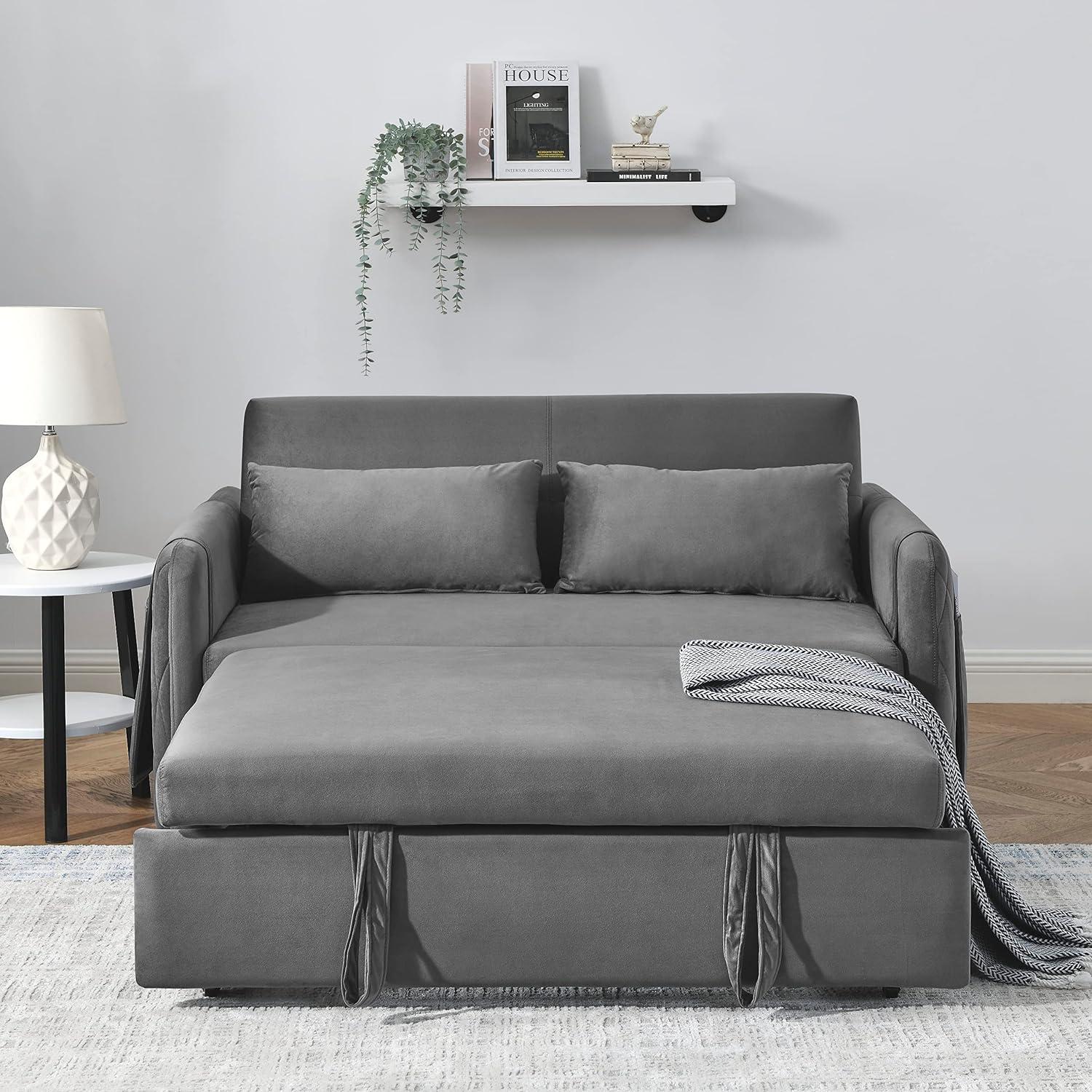 55" Convertible Sofa Bed with 2 Detachable Arm Pockets, Velvet Loveseat Sofa with Pull Out Bed and 2 Pillows, Modern Sleeper Sofa with Adjustable Backrest, Grid Design Armrests for Living Room, Grey