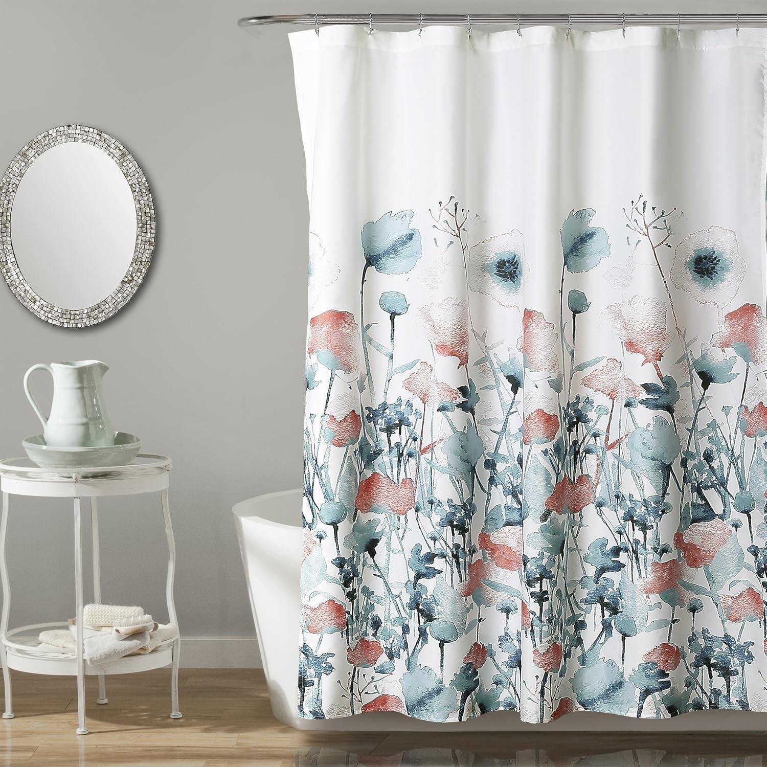 Boho-Chic Blue and Coral Floral Fabric Shower Curtain, 72x72