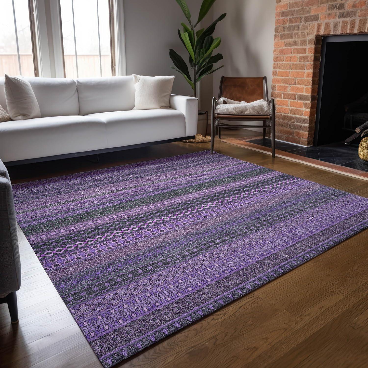 Purple Stripe Synthetic Washable Reversible Area Rug 2'6" x 3'10"