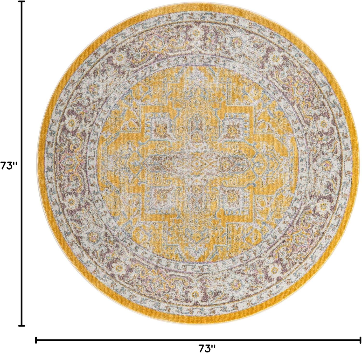 Yellow and Ivory Round Stain-Resistant Area Rug