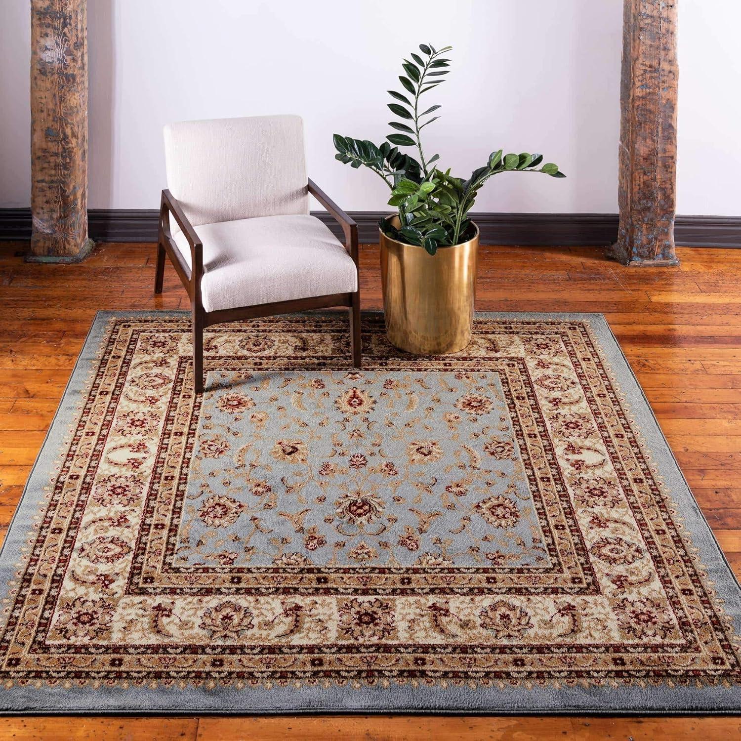 Elegant Floral Light Blue Synthetic Square Rug, 6' x 6'