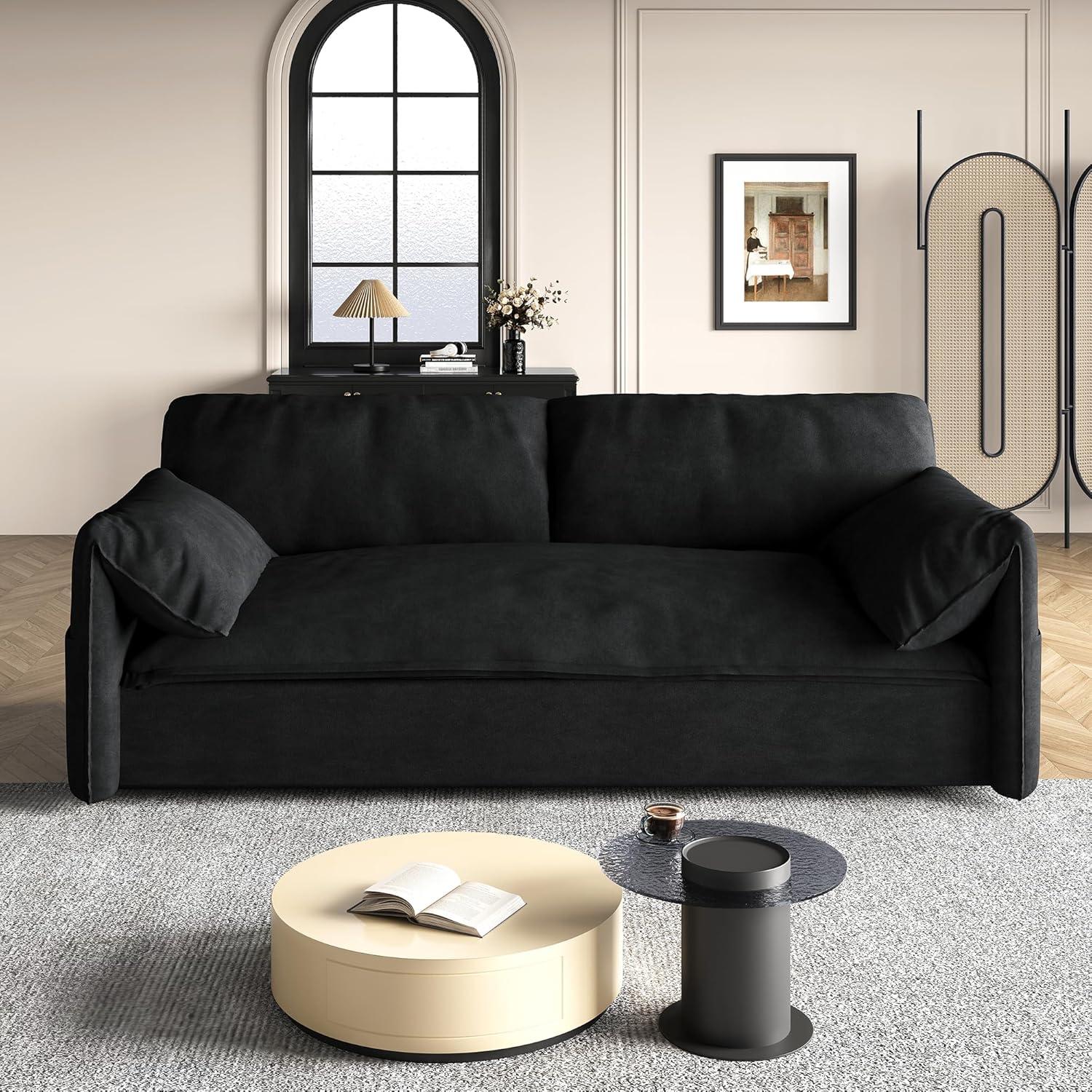 Tabaray 63.8" Futon Sofa Bed Queen Size, Pull Out Bed, 3-in-1 Convertible Sleeper Sofa with Side Pocket, Modern Plush Velvet Futon Couch for Living Room, Small Space, Apartment, Bedroom, Black