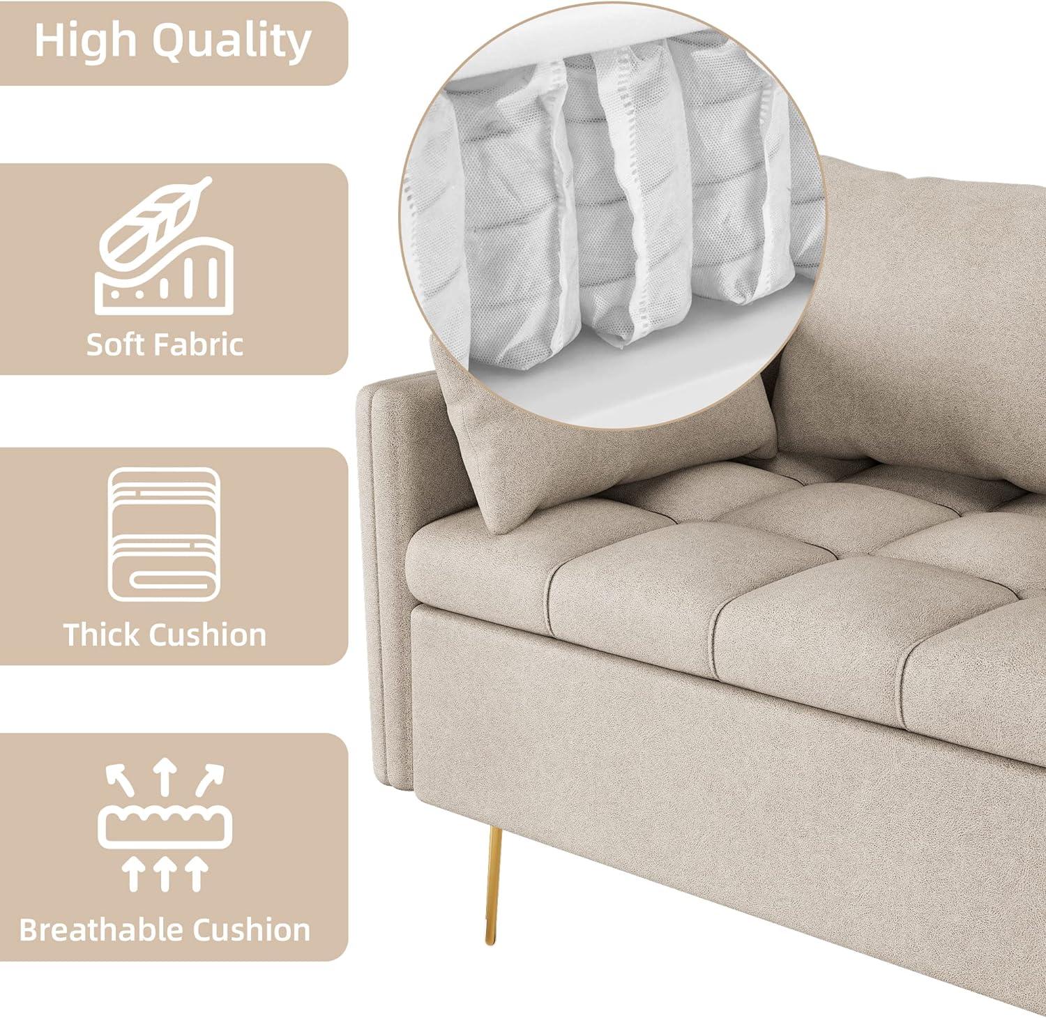 Beige Tufted Faux Leather Sofa with Storage and Gold Legs