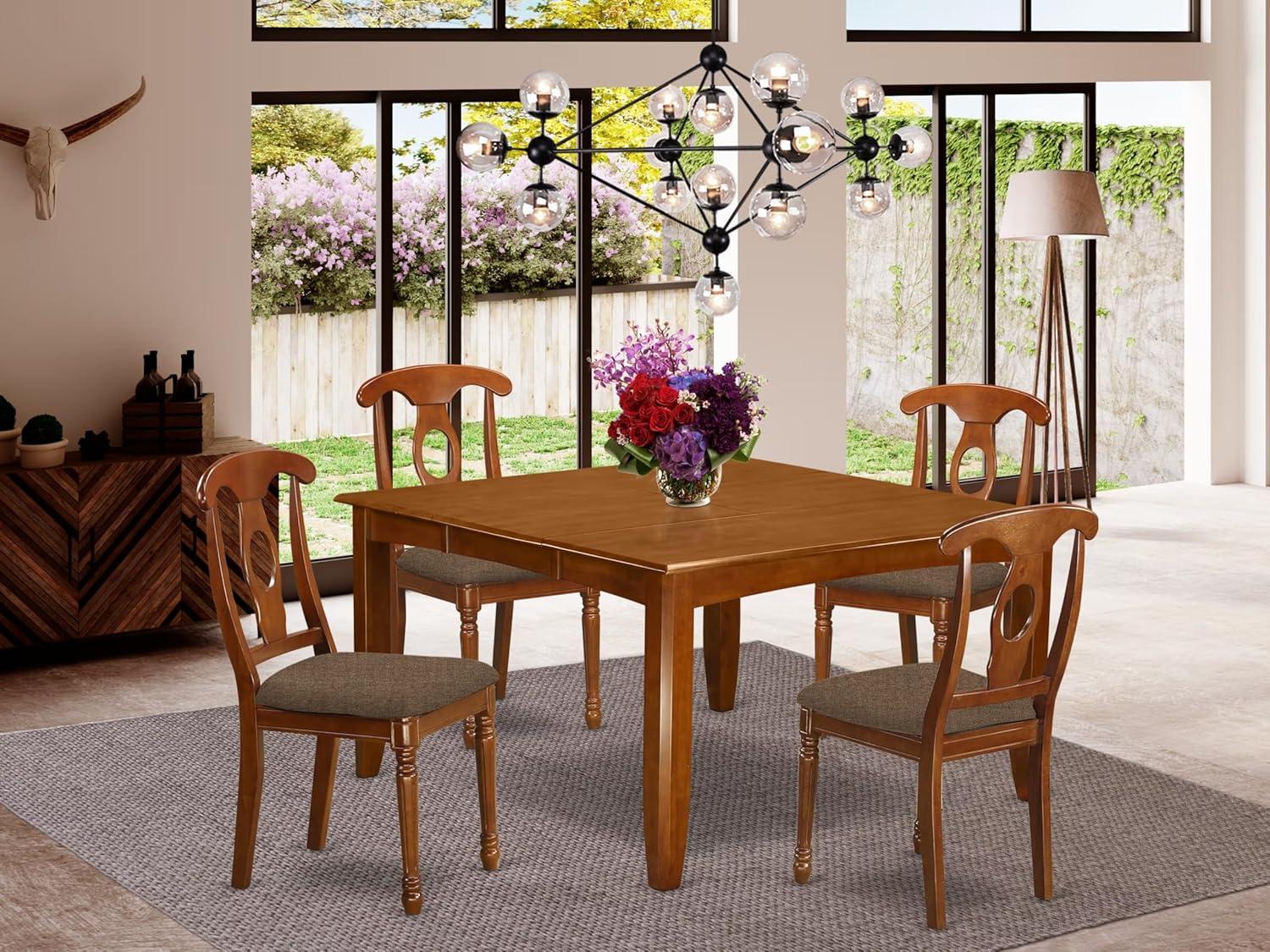 Saddle Brown Solid Wood Square Dining Table Set with 4 Lattice Back Chairs