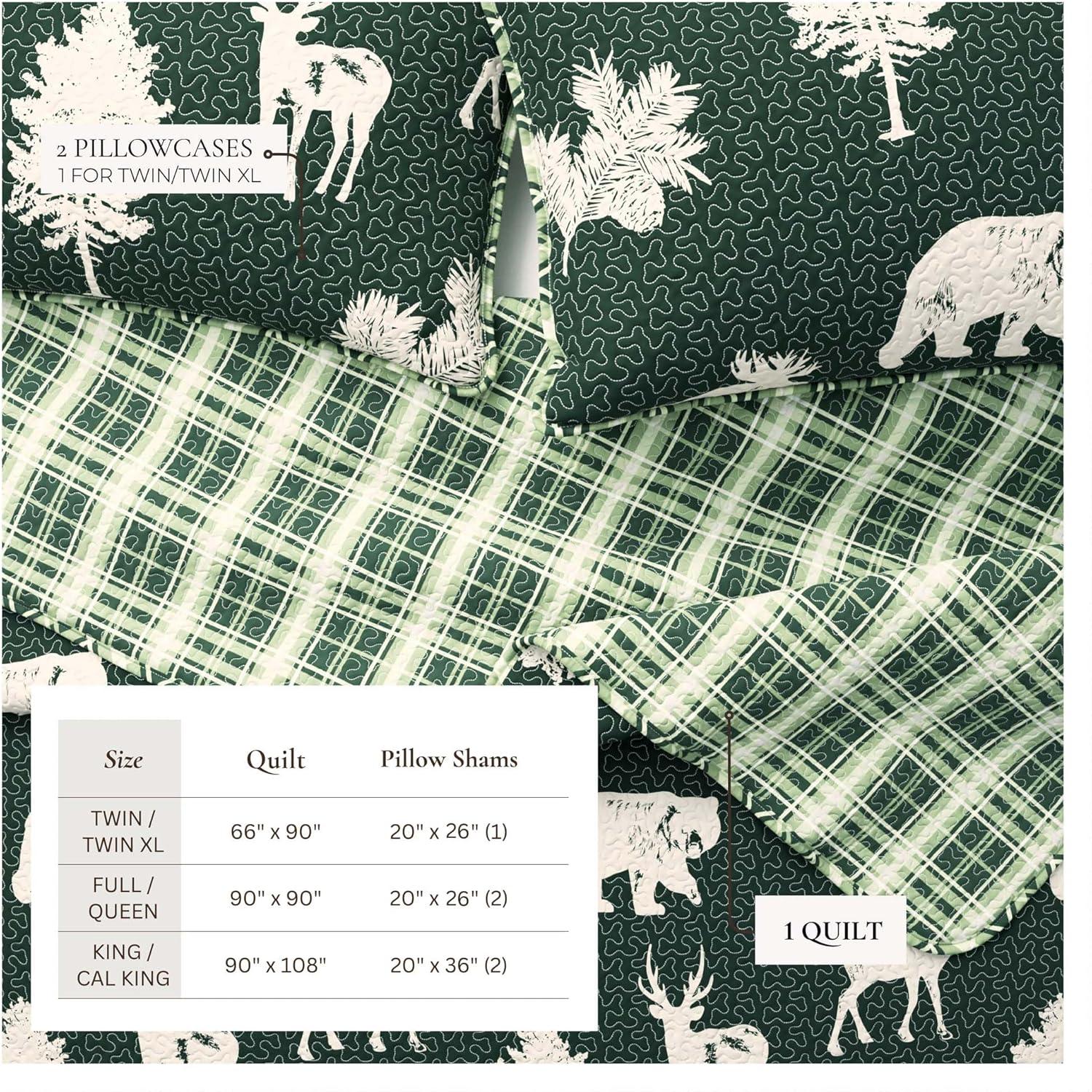 FreshFolds Forest Green Nature Quilt Set Reversible Plaid Quilt Set with Shams